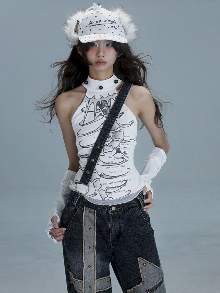 White Skinny Neck Tank Top【s0000013487】