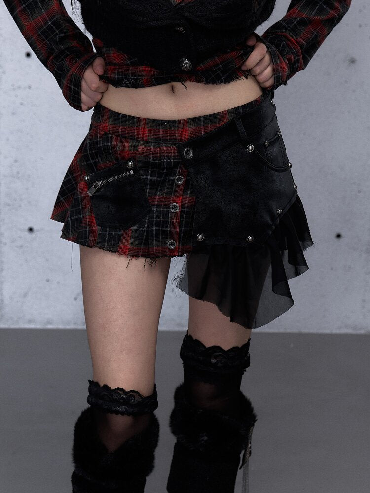 Plaid Stitching Leather Skirt【s0000015546】