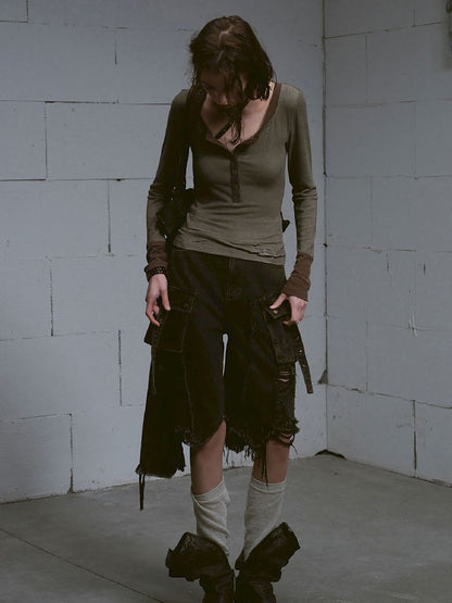 Henley Collar Knit T-Shirt【s0000011850】