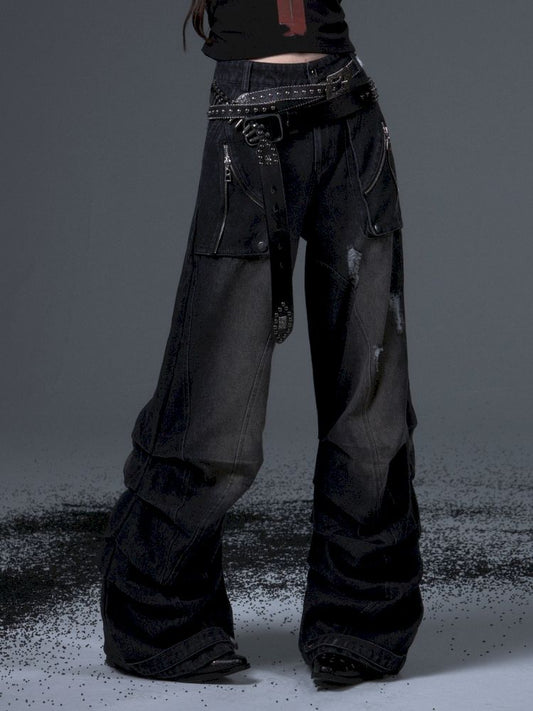 Holes pressed pleats Machete jeans【s0000012341】