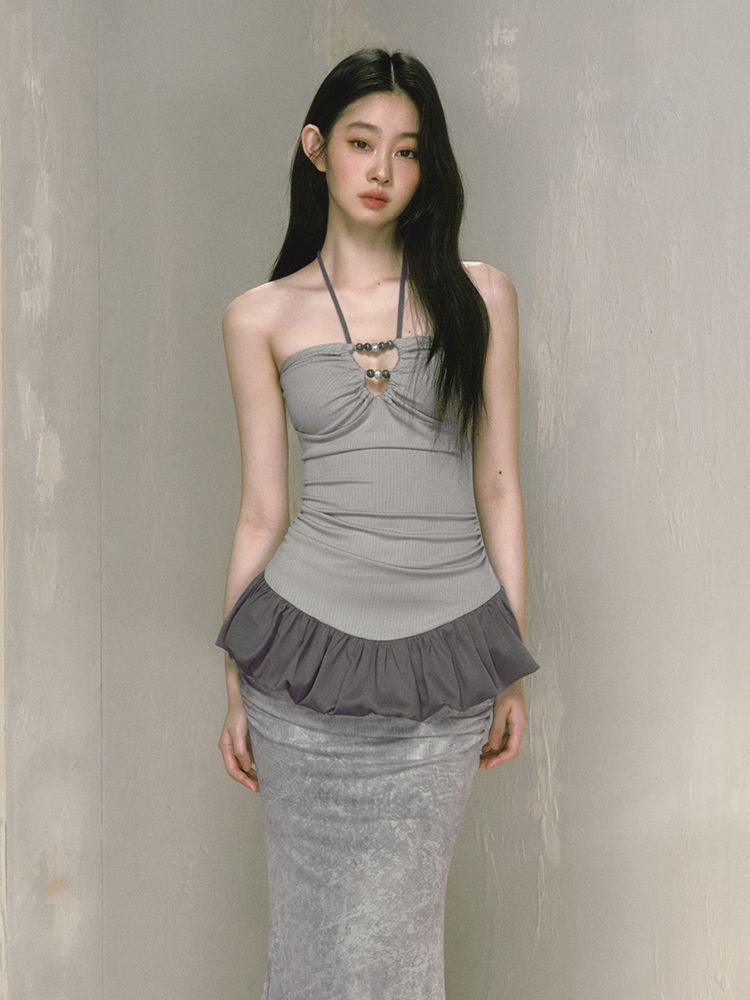 Wood ear edge hanging neck halter top【s0000009596】