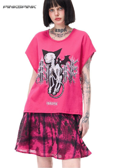 Cat Bone Print Patchwork Top【s0000017718】
