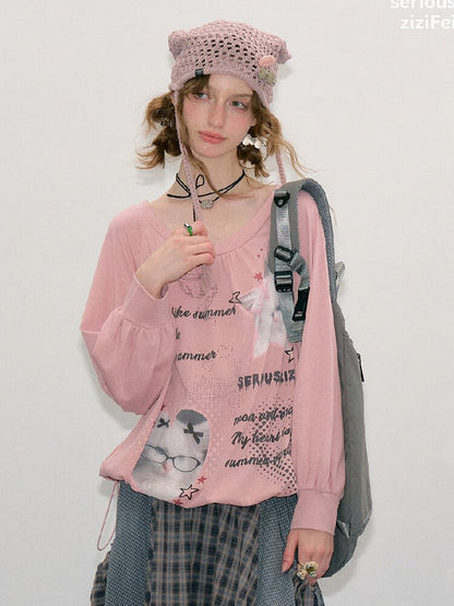 Lantern Sleeve Cat Print T-Shirt【s0000017878】