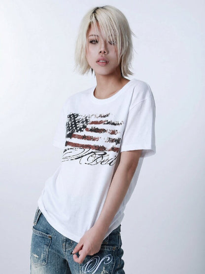 Star Flag Vintage Print T-shirt【s0000016626】