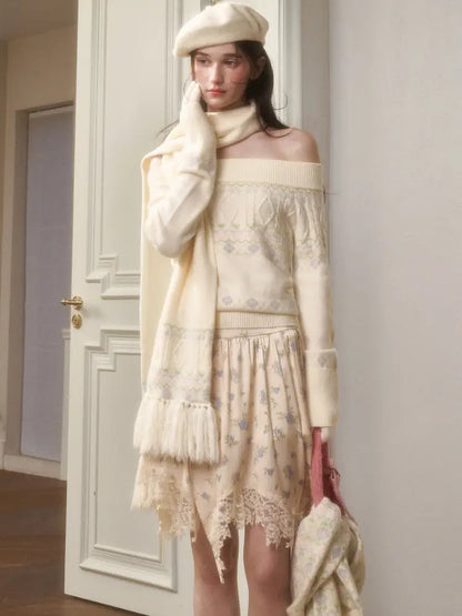 Fresh and Soft Cotton Sweater, Scarf, Floral Skirt【s0000014323】