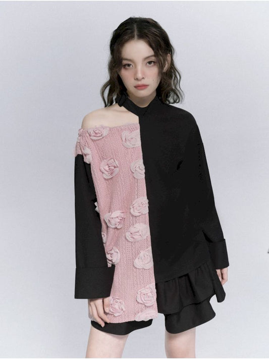 Round neck strapless splicing long sleeve t-shirt【s0000007796】