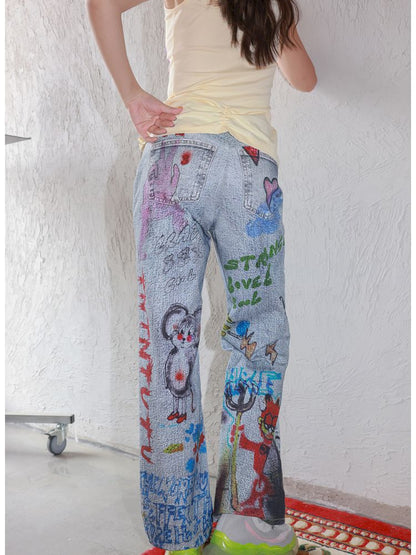 White Graffiti Denim Trousers【s0000013337】