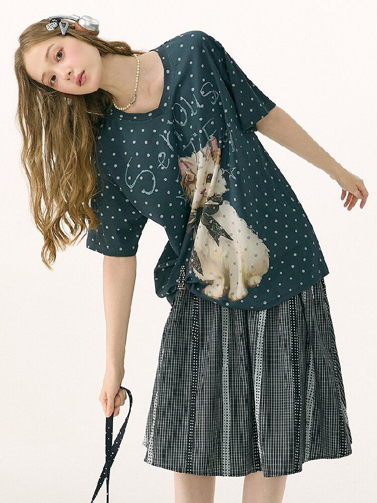 Loose Polka Dot Cat Print T-Shirt【s0000016856】