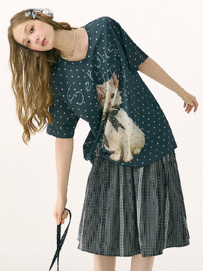 Loose Polka Dot Cat Print T-Shirt【s0000016856】