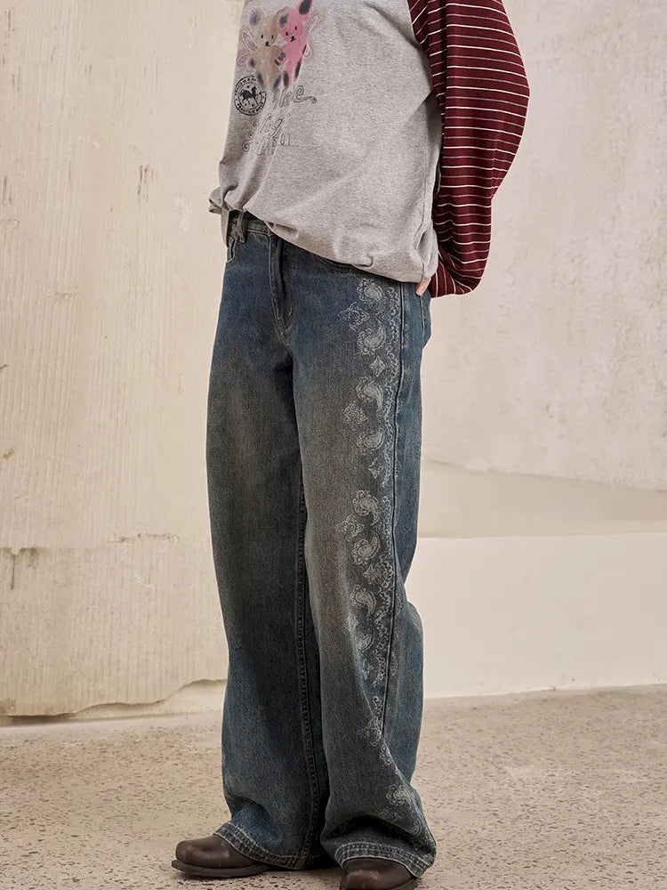 Vintage-Washed Relaxed Straight-Leg Jeans【s0000014043】
