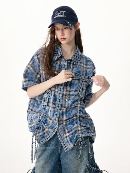 Blue Plaid Bow Preppy Style Shirt【s0000017308】
