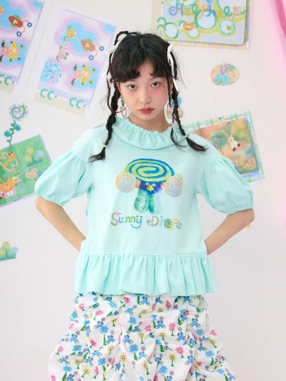 Bubble Sleeve Short Colourful Printed T-Shirt【s0000009542】