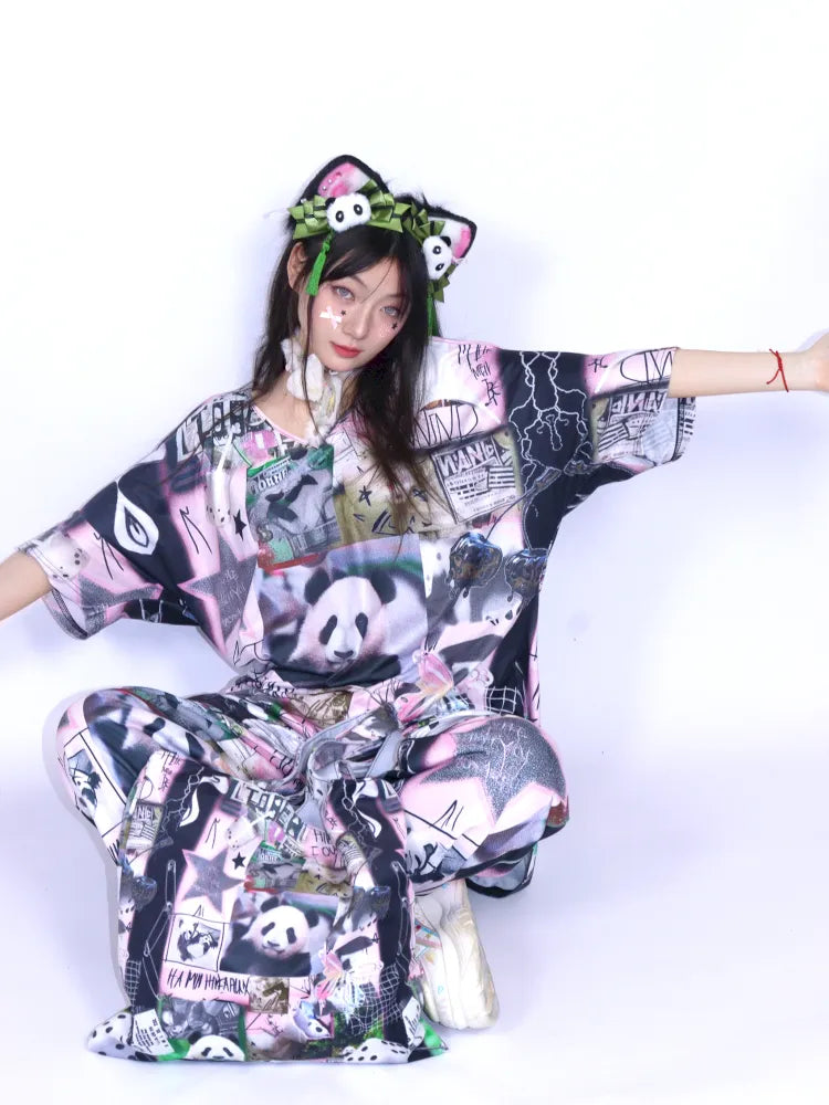 Panda Patchwork Print Off-Shoulder T-Shirt【s0000013979】