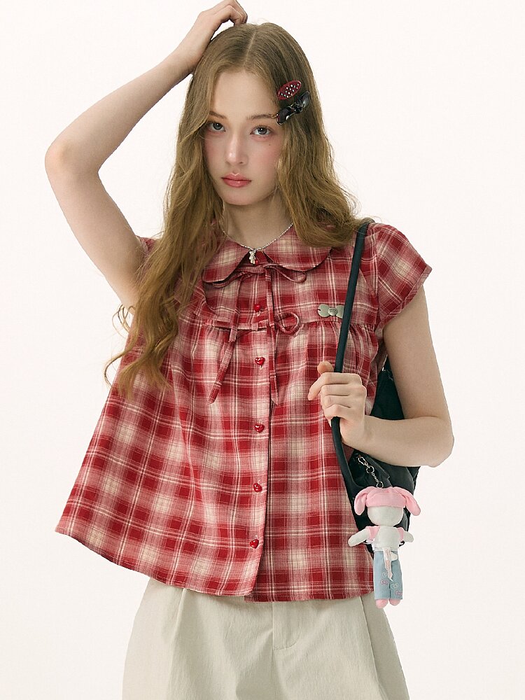 Doll Neck Bow Plaid Preppy Shirt【s0000016850】