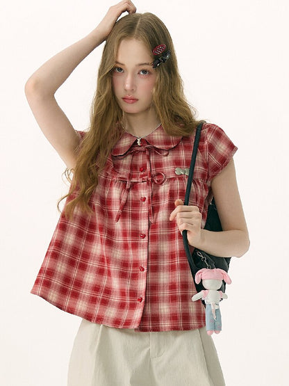 Doll Neck Bow Plaid Preppy Shirt【s0000016850】