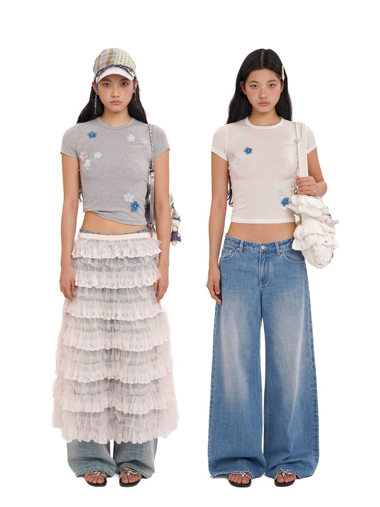 Irregular flowers Slim short-sleeved T-shirt【s0000013444】