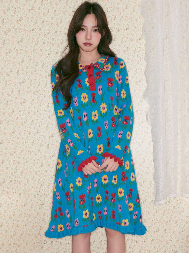 Cartoon Floral Knit Dress【s0000014505】