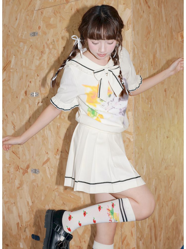 Kitten Printed Navy Neck Short Sleeve Half Dress【s0000013339】