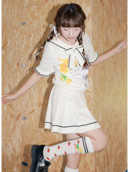 Kitten Printed Navy Neck Short Sleeve Half Dress【s0000013339】