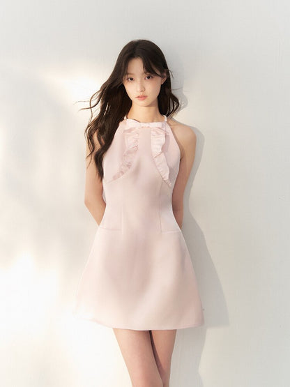 Glossy Satin Ruffled Halter Dress【s0000016873】