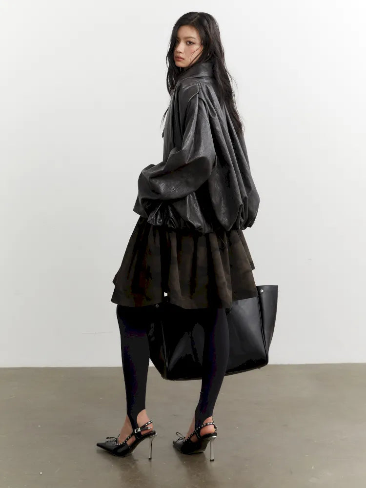 Pleated Silhouette Ebony Brown Faux Leather PU Jacket【s0000014032】