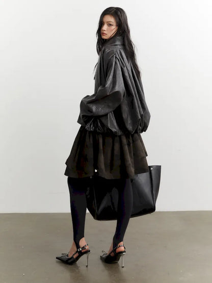 Pleated Silhouette Ebony Brown Faux Leather PU Jacket【s0000014032】