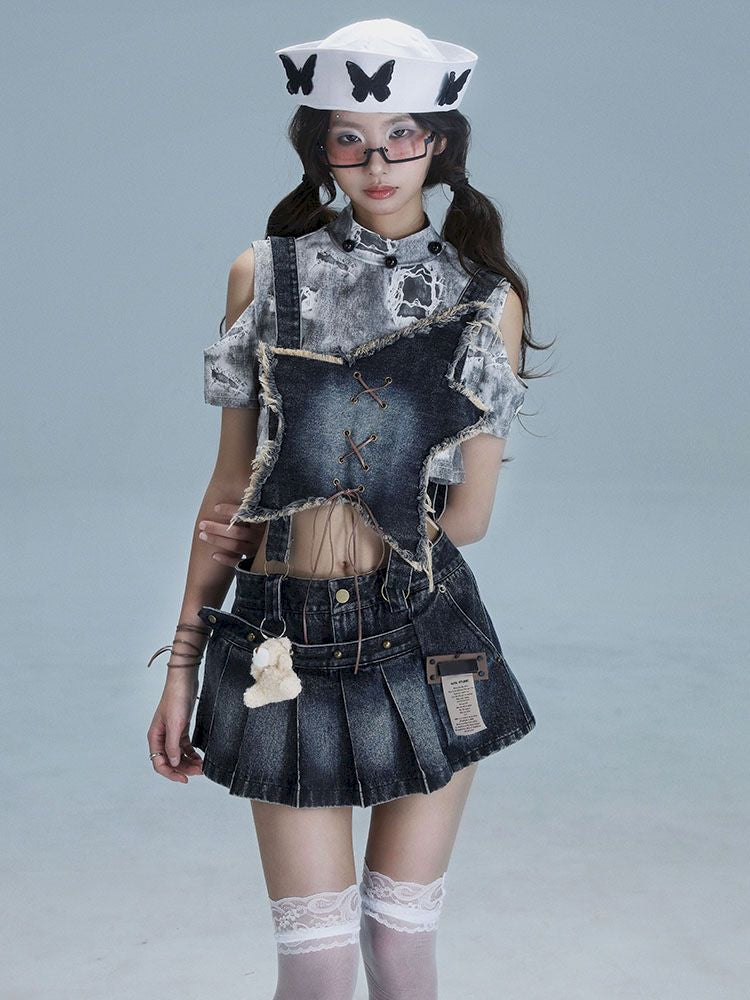 Washable gal niche denim bib culottes【s0000013490】