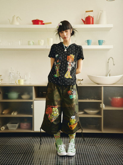 Polka Dot Hooded Short Sleeve Zip T-Shirt【s0000018695】
