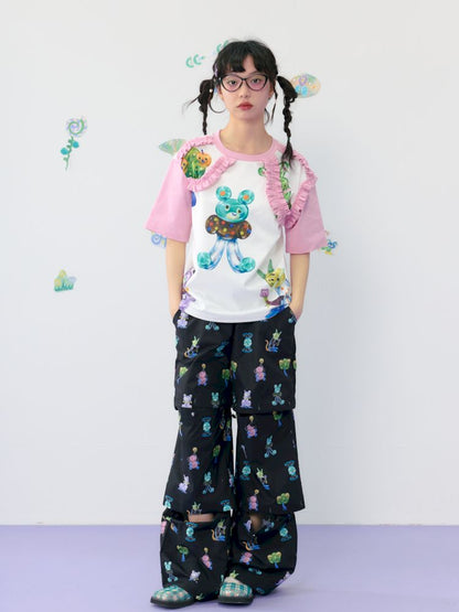 Candy print frilly lace cotton T-shirt【s0000009539】