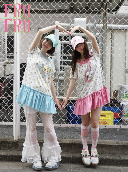 Printed Bear Bunny Fake Two Piece Dress【s0000017764】