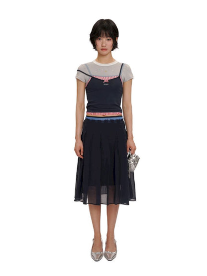 Lace satin bow short-sleeved T-shirt【s0000012504】