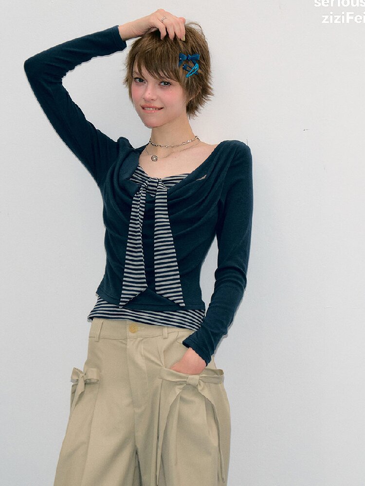 Striped Tie Knit Top Long Sleeve【s0000017880】