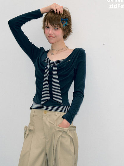 Striped Tie Knit Top Long Sleeve【s0000017880】