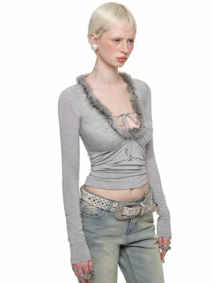Deep V-neck Slim Knit Bottom Shirt【s0000011569】