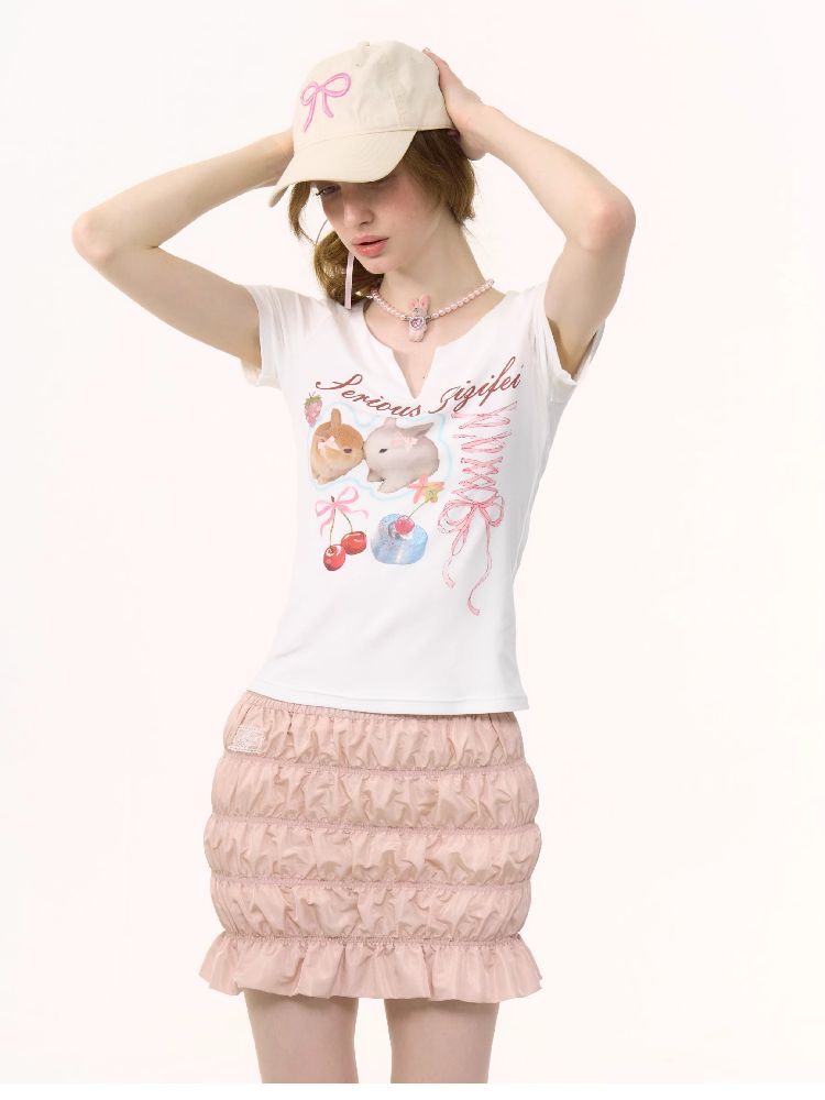 V-neck Rabbit Print Slim Thin Tops【s0000012252】