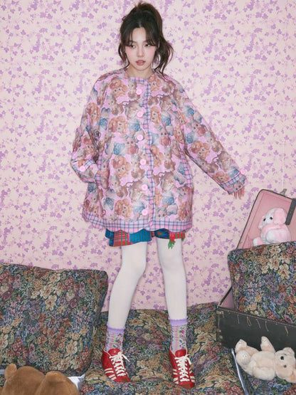 Pink Plaid Animal Padded Jacket【s0000015026】