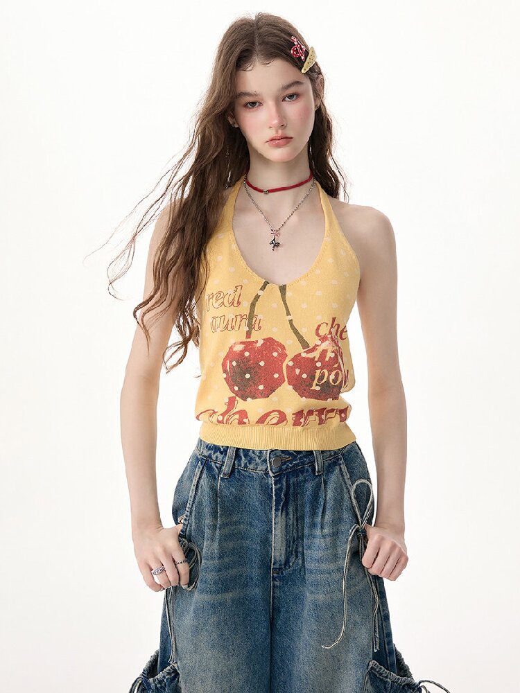 Wave Cherry Print Cropped Top Tank【s0000017304】