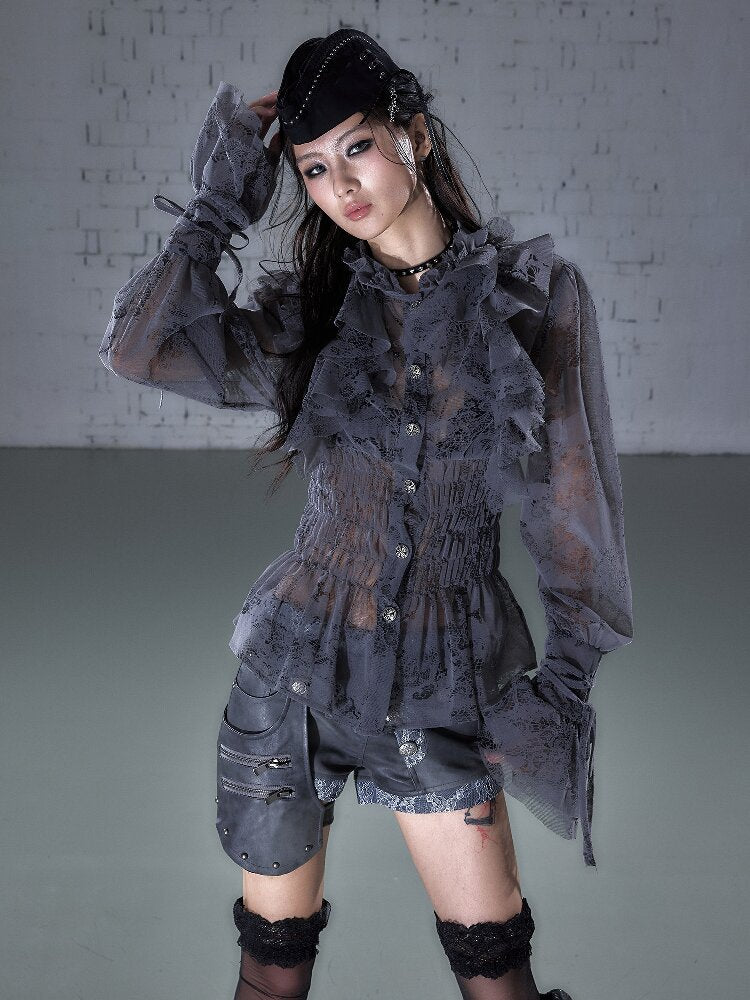 Ruffled Flocked Lace Stand Shirt【s0000016208】