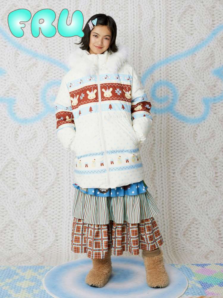 Fair Isle White Hooded Print Down Jacket【s0000014858】