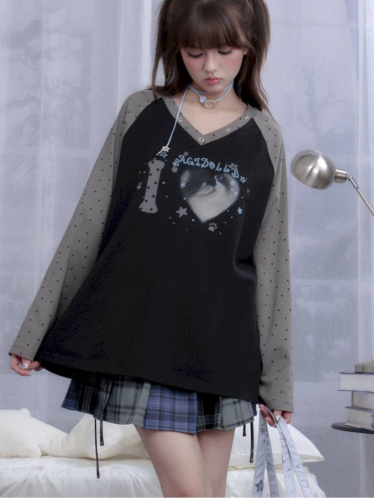 Polka Dot Raglan Long Sleeve T-Shirt【s0000014372】