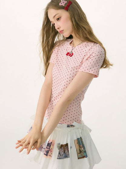 Polka Dot Bow Slim Short Sleeve T-Shirt【s0000016854】