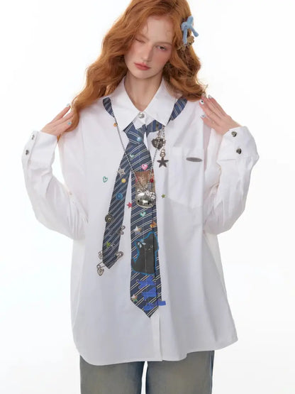 Loose tie print white long sleeve shirt【s0000014350】