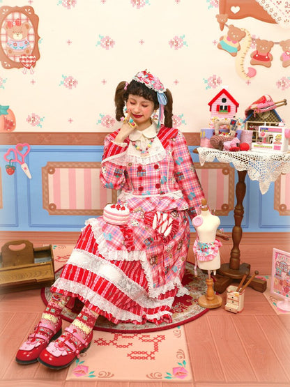 Red Pink Check Lace Skirt Blazer【s0000015574】