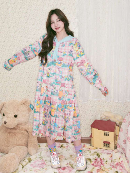 Pink Bear Illustration Print Dress【s0000014496】