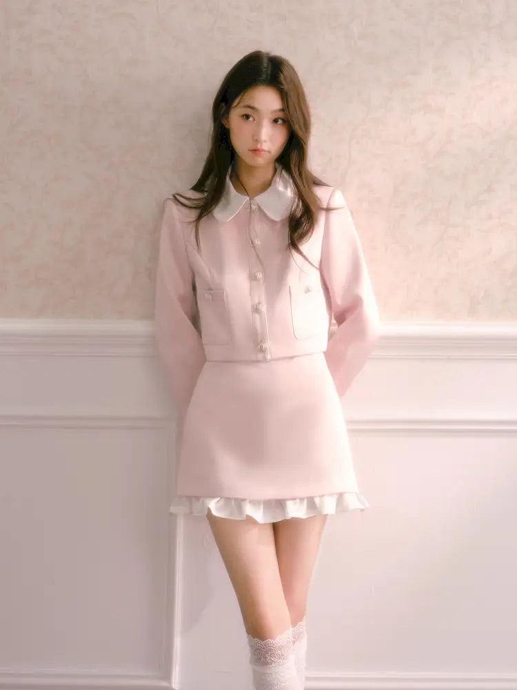 Doll Collar Short Jacket Flounce-Hem Bodycon Skirt【s0000014334】