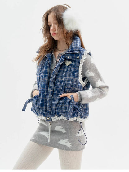 Checkered Splicing Lace Cotton Vest【s0000011504】