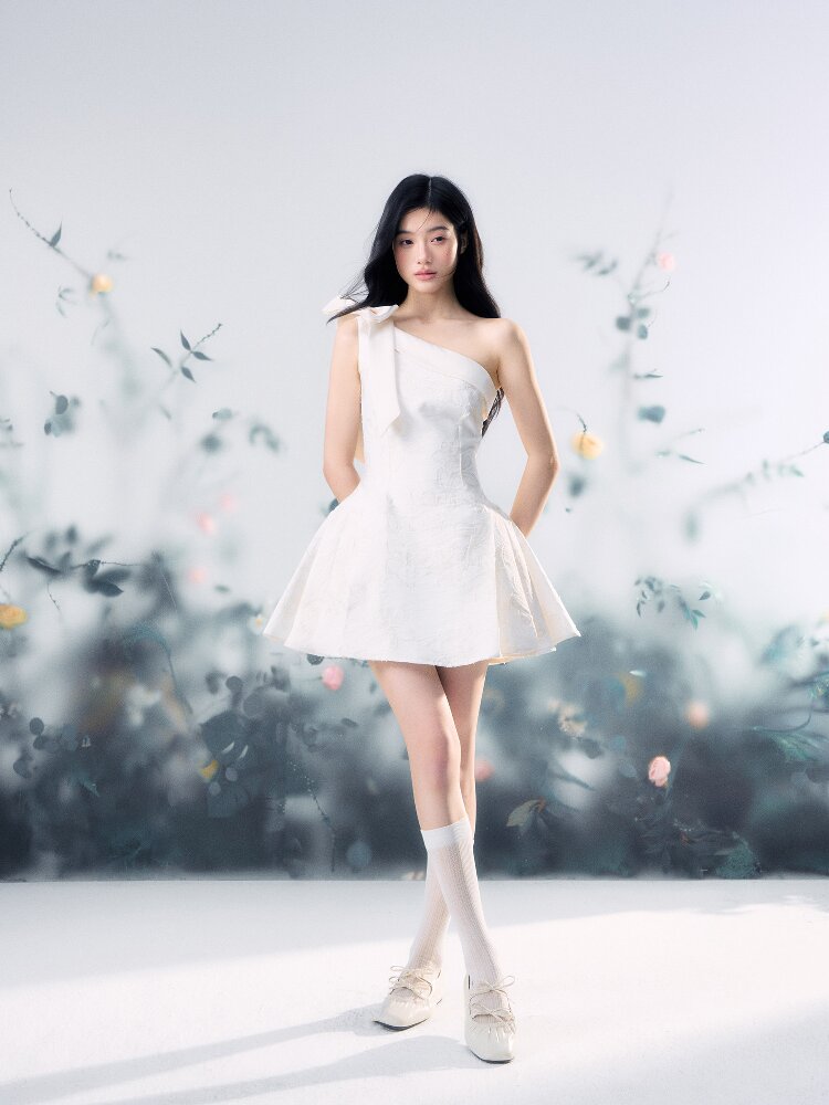 Flower Texture Bow Mini Dress【s0000015916】