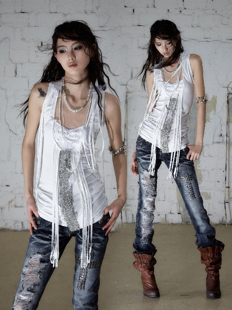 Sequins Fringed Diamond Halterneck Vest【s0000016987】
