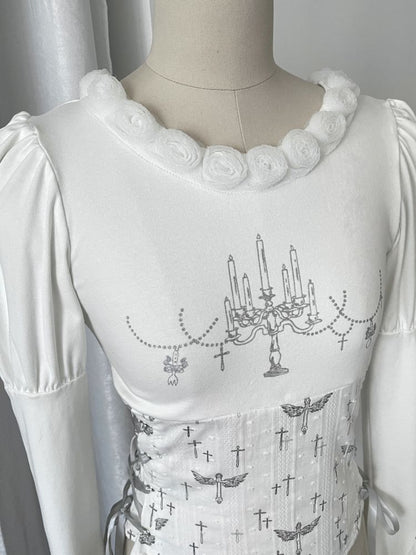 WHITE CANDLESTICK Print Drawstring Top Tee [S0000009989]