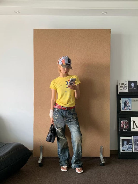 Rust Blue Oil Stained Flared Jeans【s0000018299】